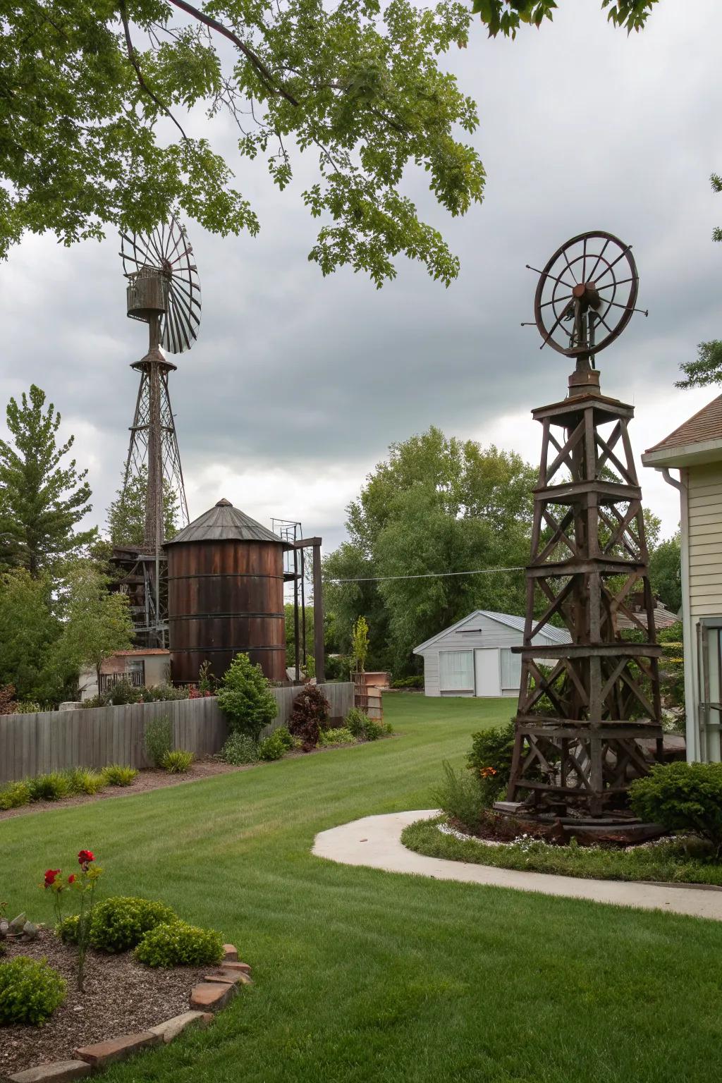 Industrial art pieces add a unique flair.