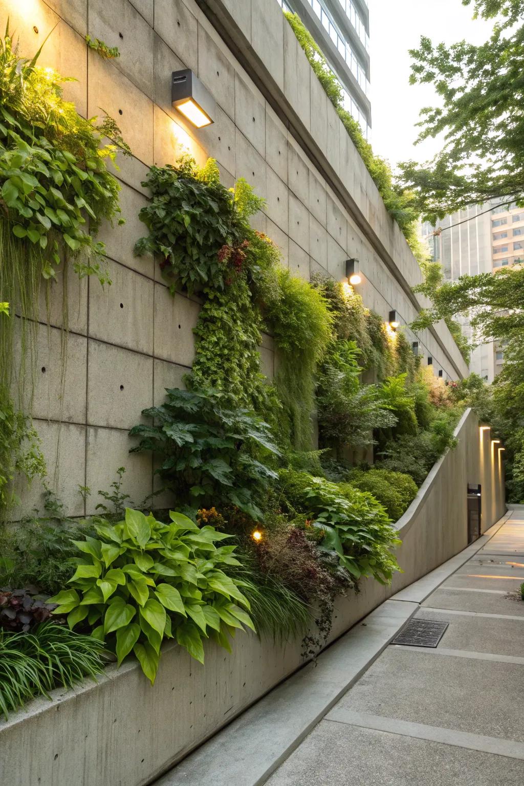 Vertical gardens add vibrant life to industrial settings.