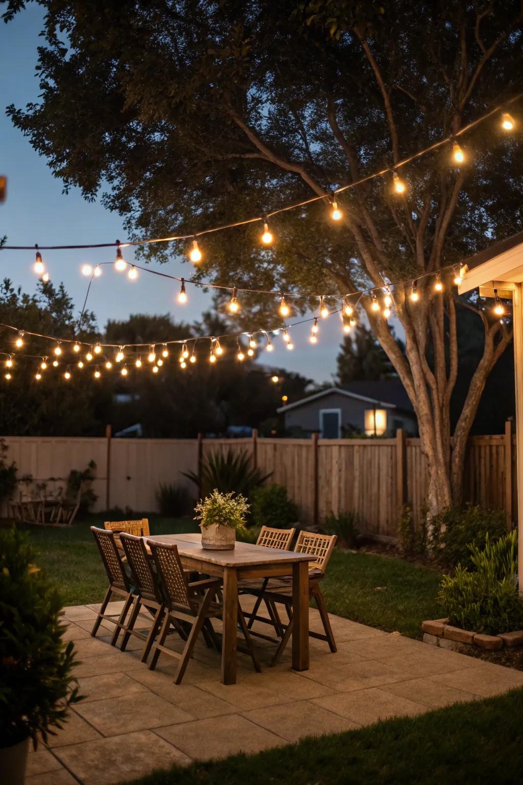 Pendant and string lights add warmth and charm.