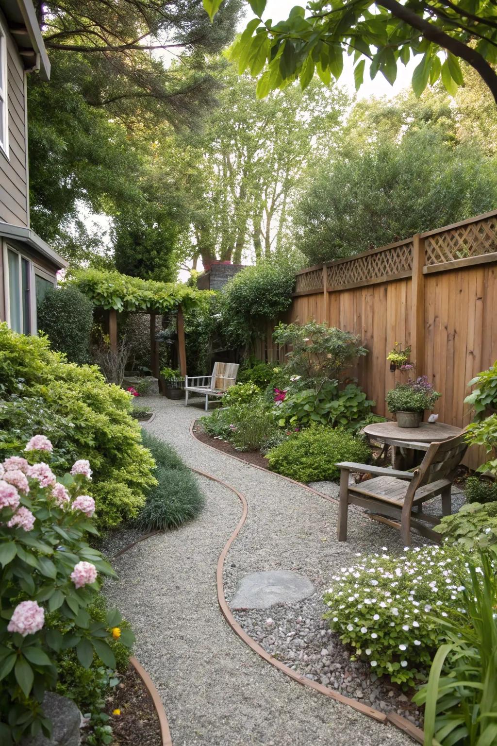 Gravel pathways define and guide outdoor spaces.