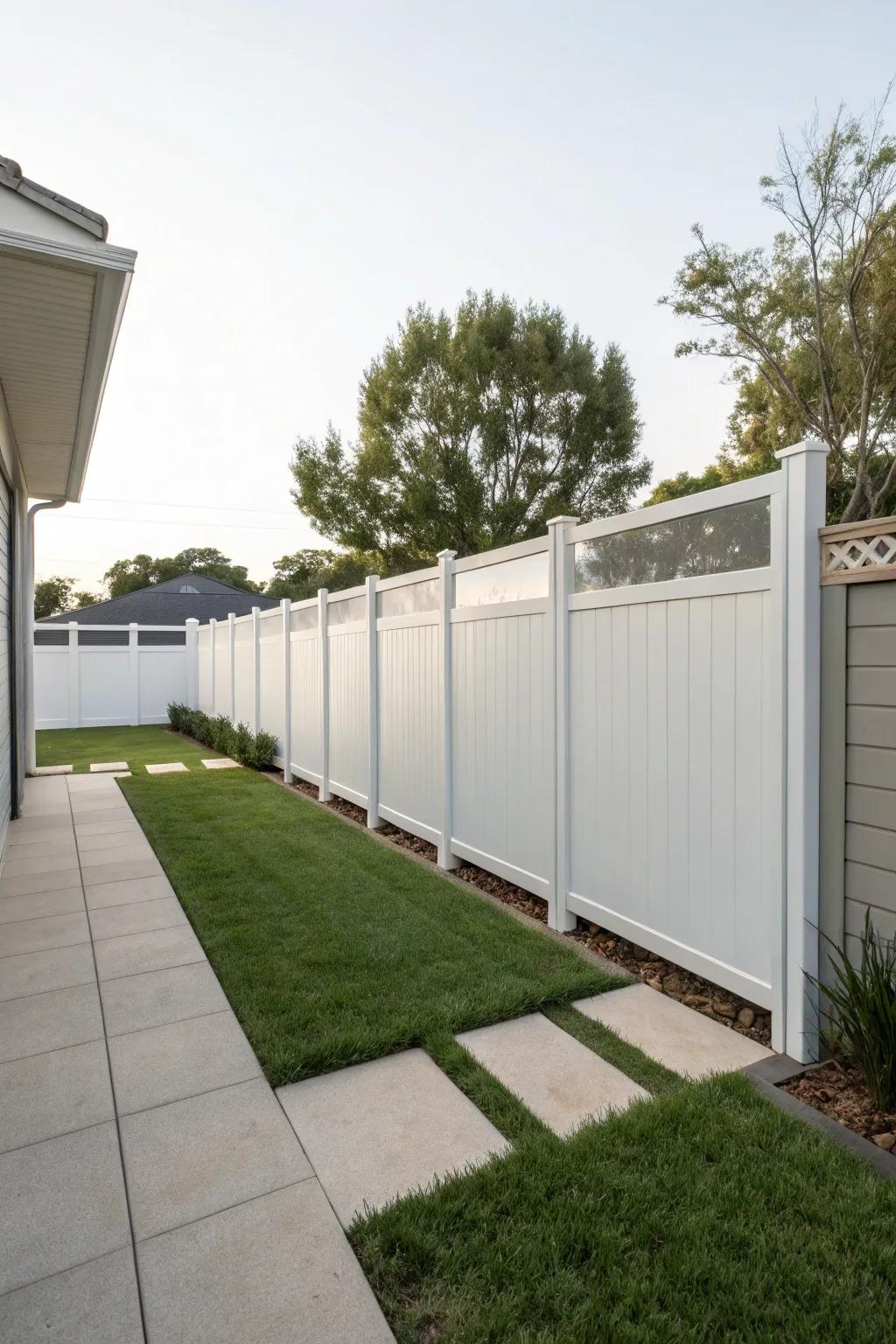 Low-maintenance elegance with vinyl privacy panels.