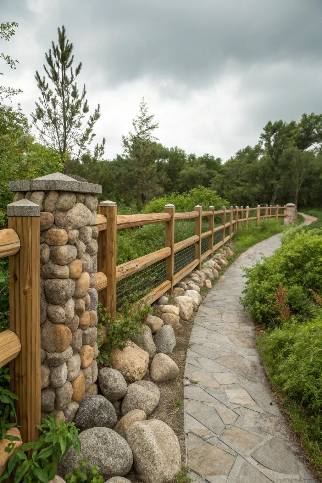 Robust elegance with a stone and wood fence.