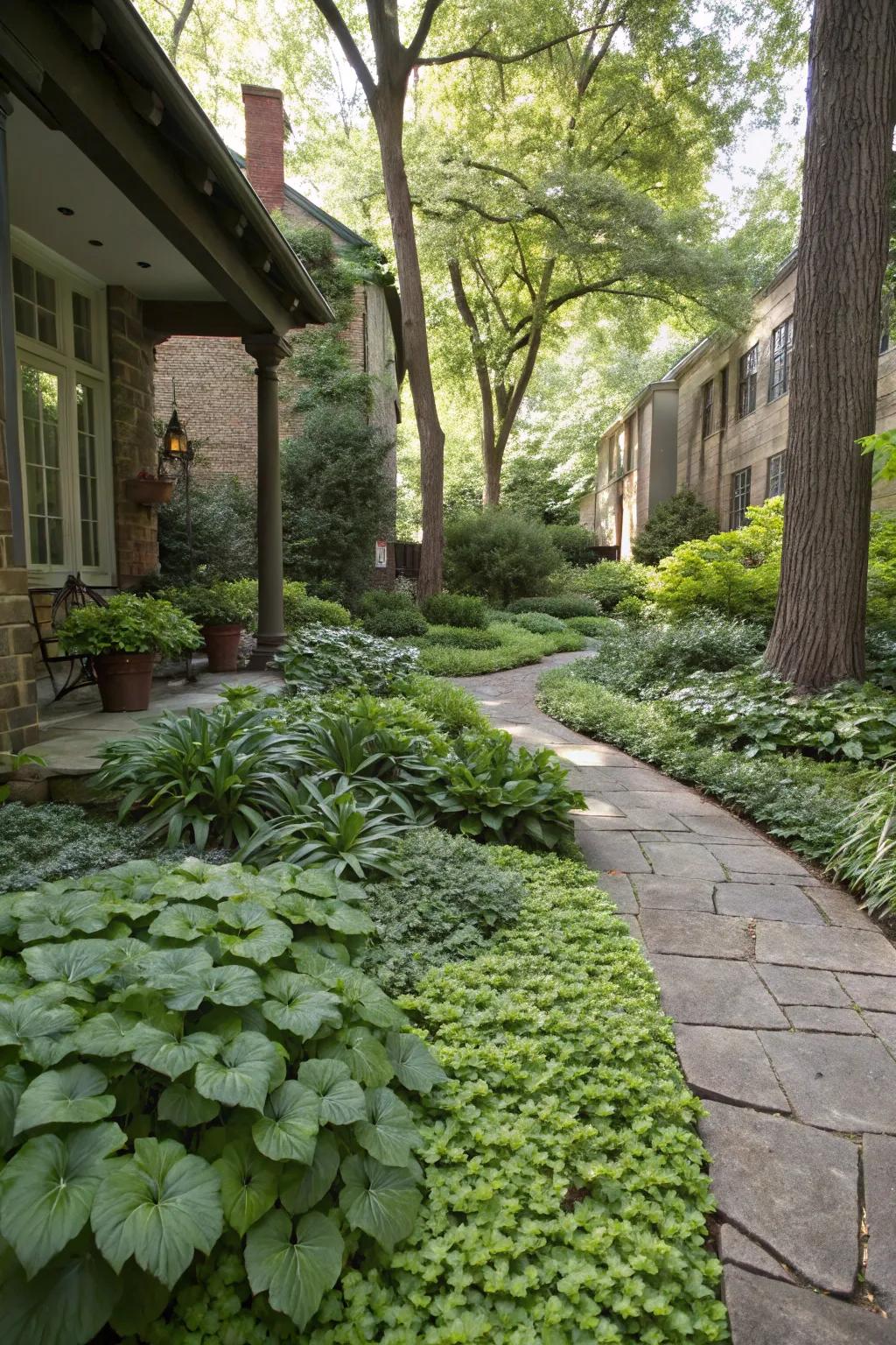 Barrenwort adding elegance with its delicate flowers and heart-shaped leaves in a shaded garden.