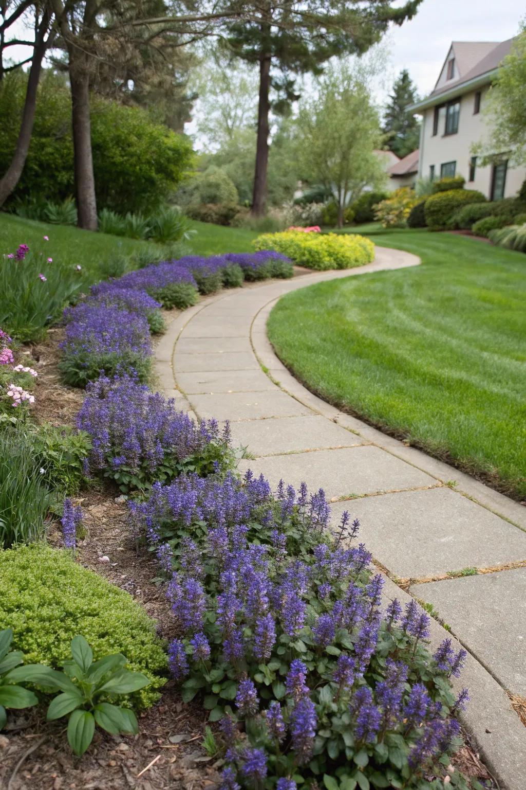 Ajuga plants providing a polished border along a garden path.