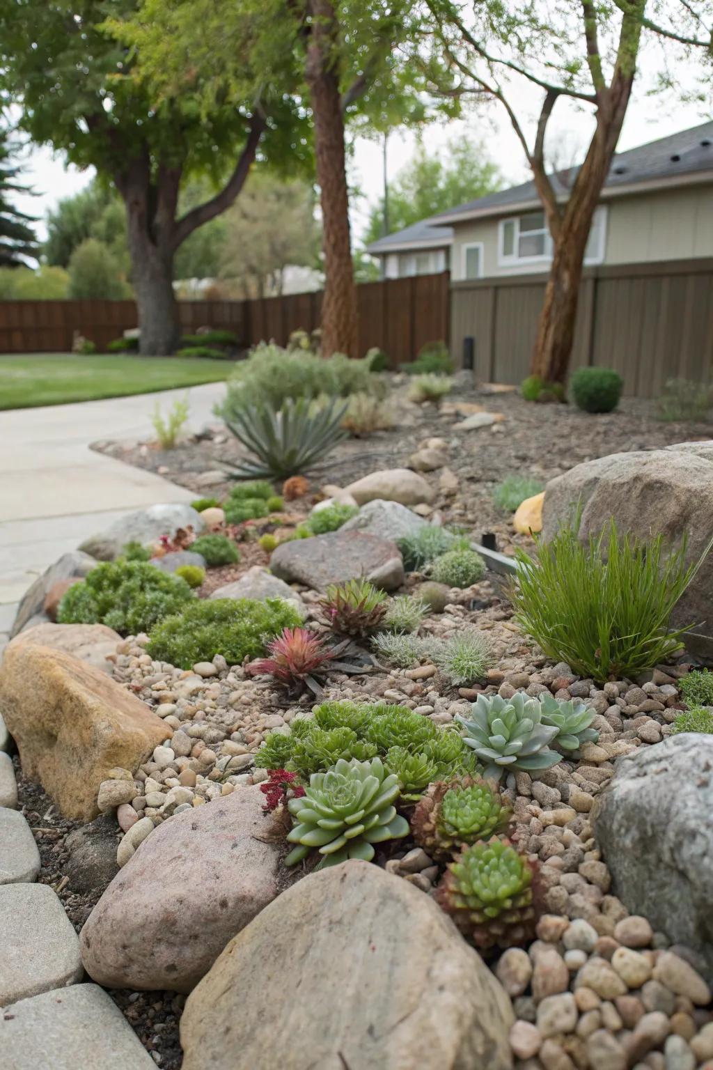 Hens and chicks nestled among rocks, creating a captivating garden feature.