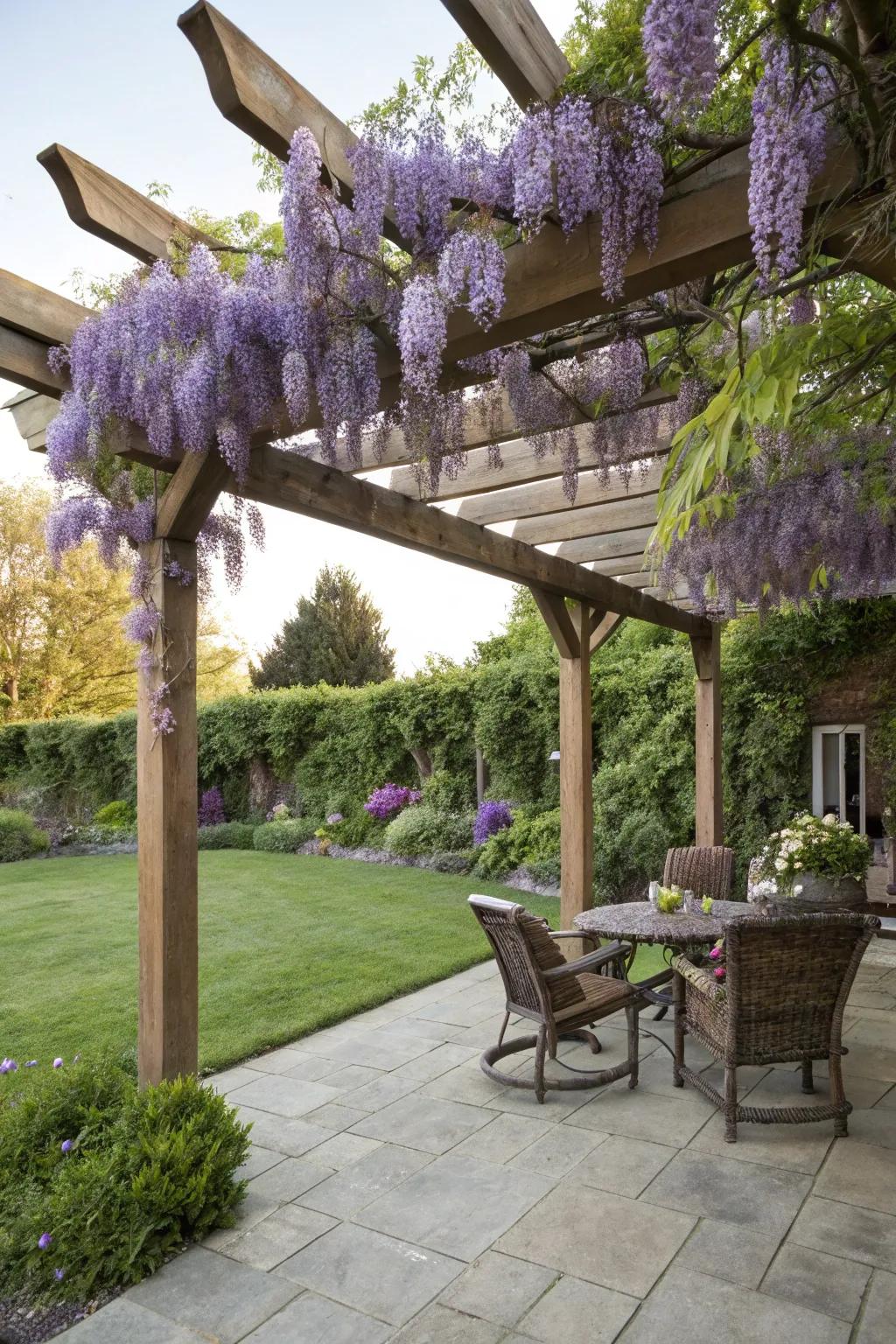 An elegant pergola adorned with climbing wisteria.