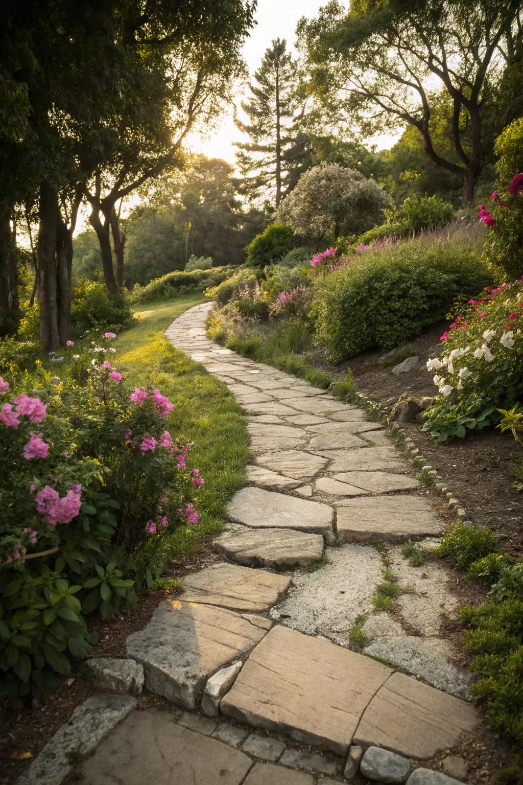 Rustic charm with a stone pathway.