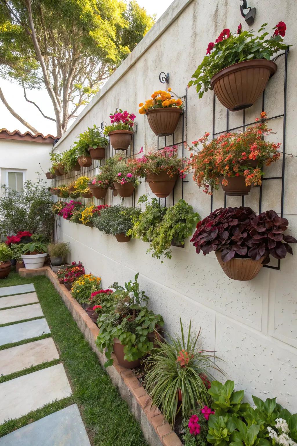 Creative living art display with hanging pots.