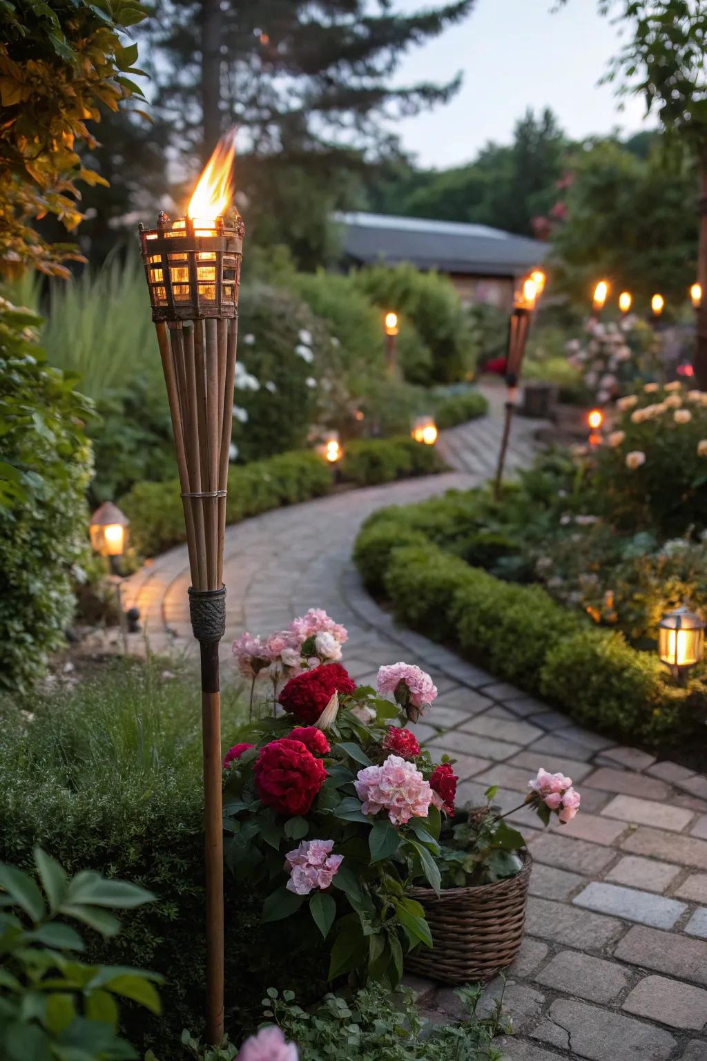 Festive torches adding warmth and celebration to a garden setting.