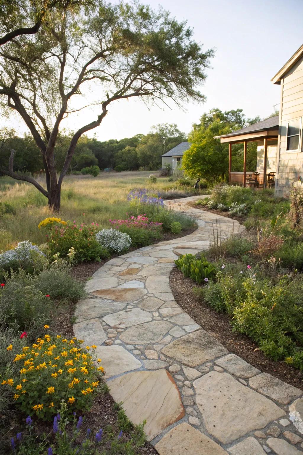 Natural stone pathways complement the native landscape