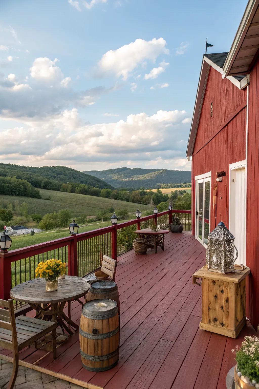 A rustic barn red deck set against a picturesque rural landscape.
