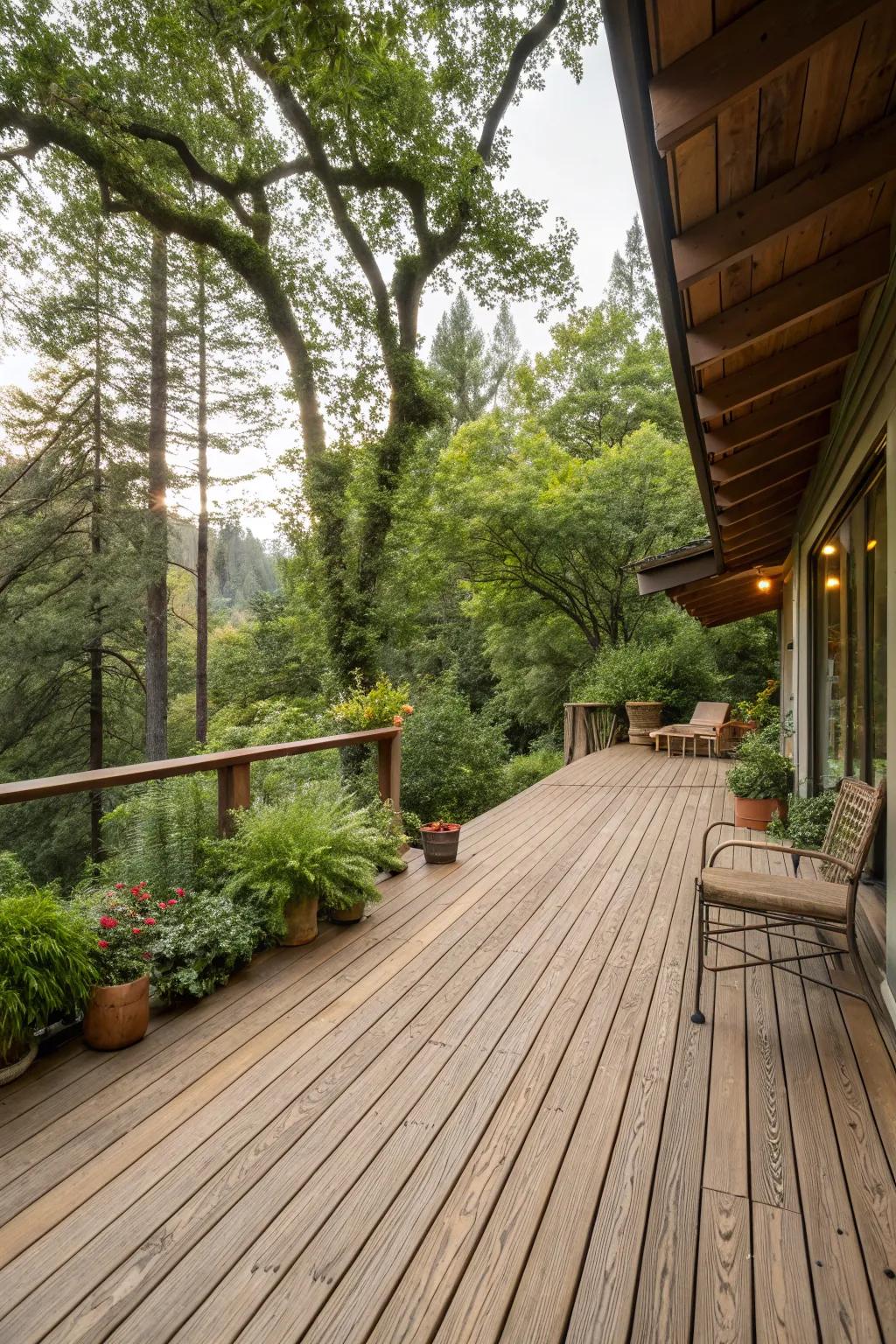 A natural wood finish deck blending effortlessly with its environment.