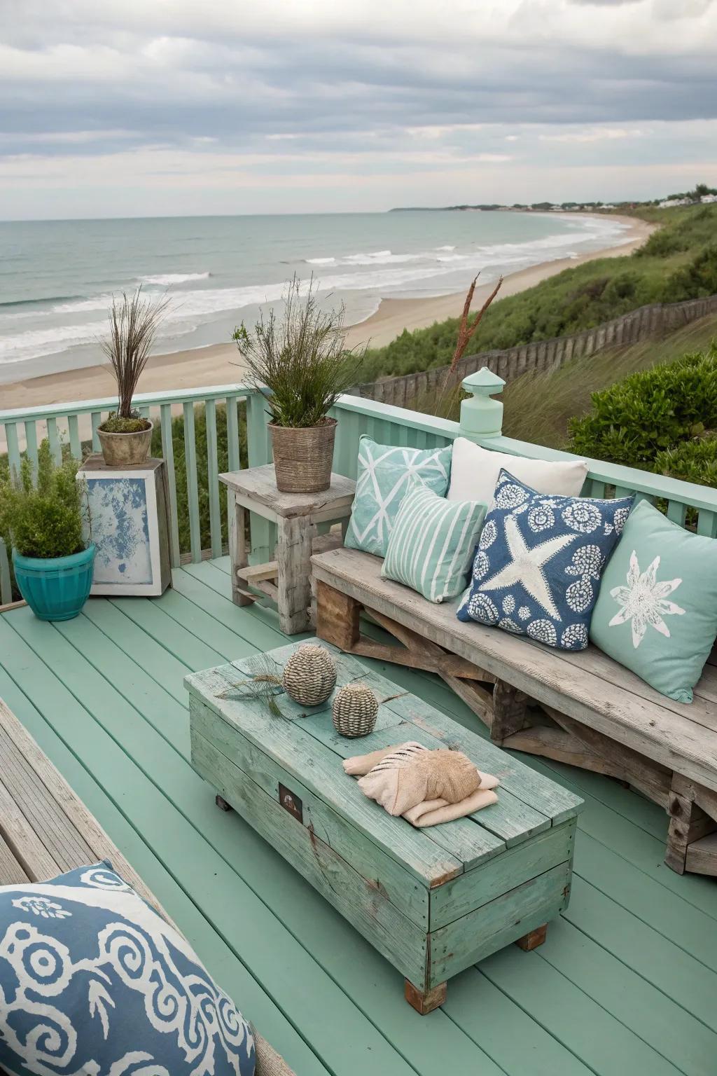 A serene seafoam deck offering a coastal escape vibe.