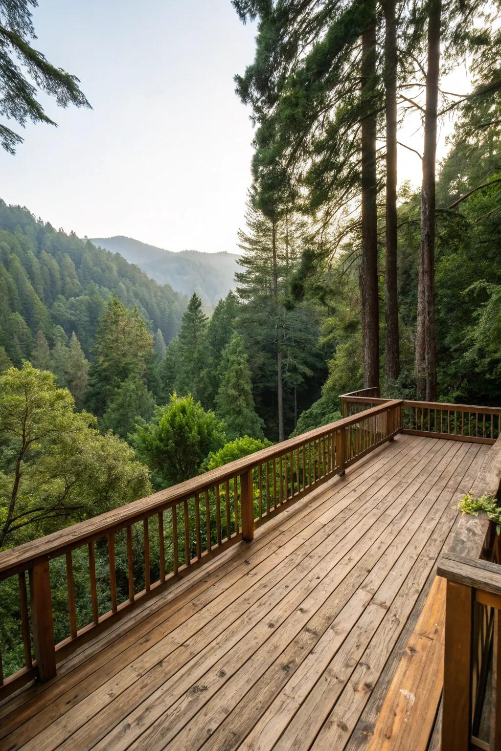 A vibrant redwood deck creating a warm contrast with lush surroundings.