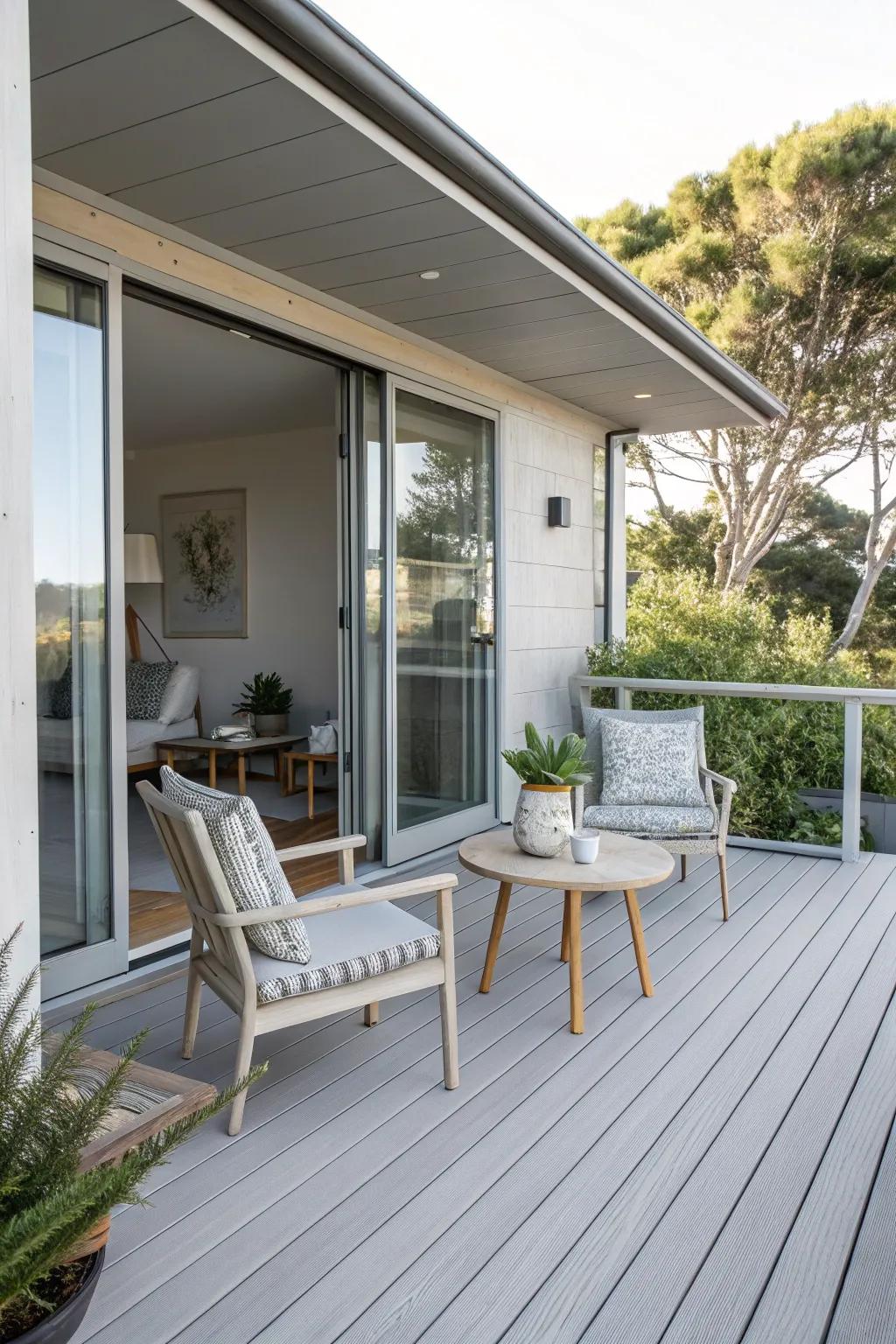 A light gray deck providing a modern transition from indoors to outdoors.