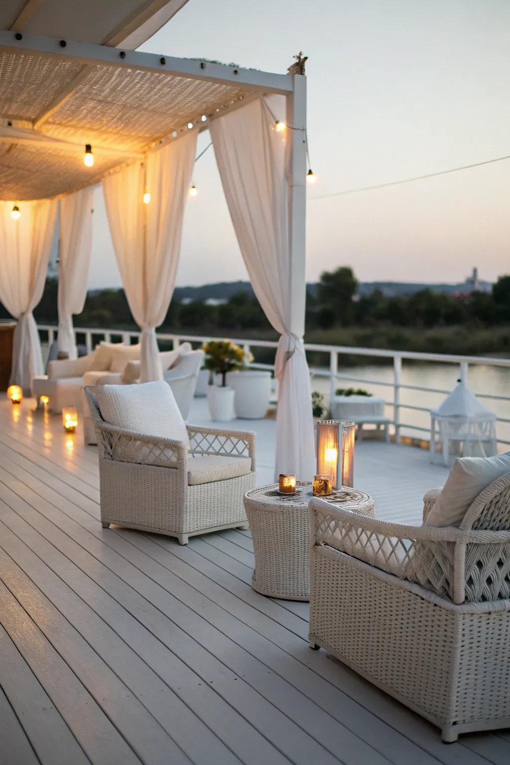 An elegant ivory deck complemented by sophisticated furniture and lighting.