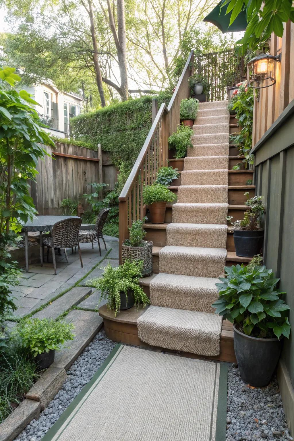 Indoor/outdoor carpet adds a touch of warmth to any staircase.