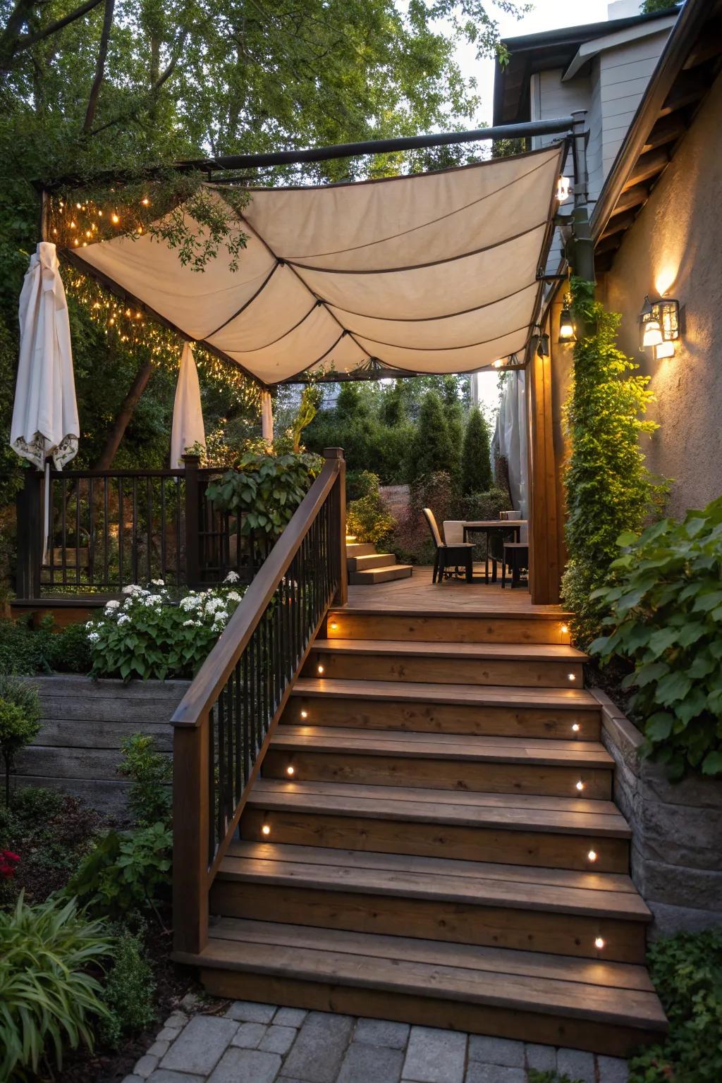 Overhead canopies protect and beautify outdoor stairs.