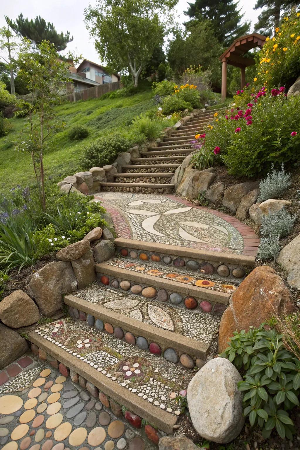Pebble mosaics add artistic flair to outdoor stairs.