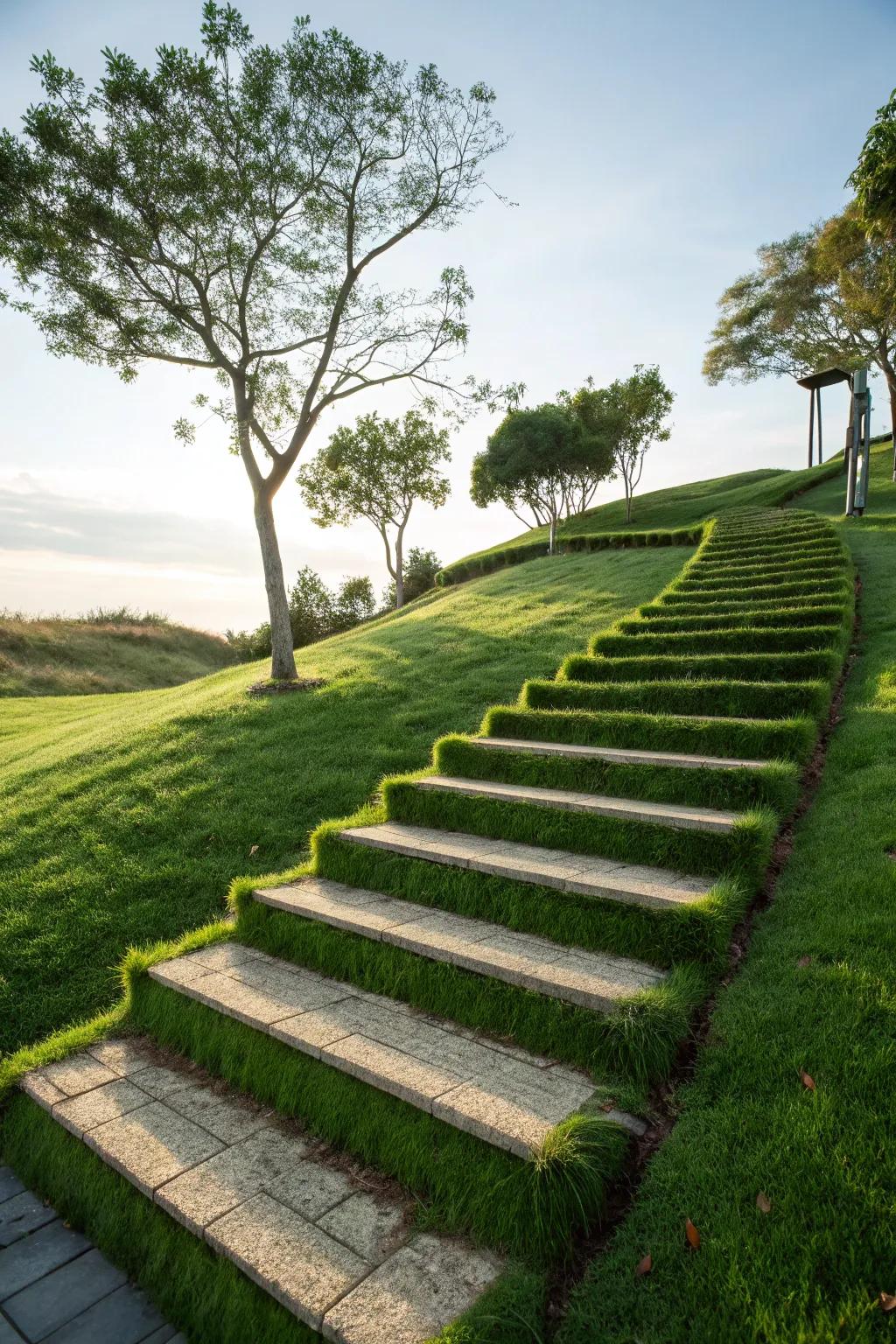 Grass treads create a seamless transition between stairs and garden.