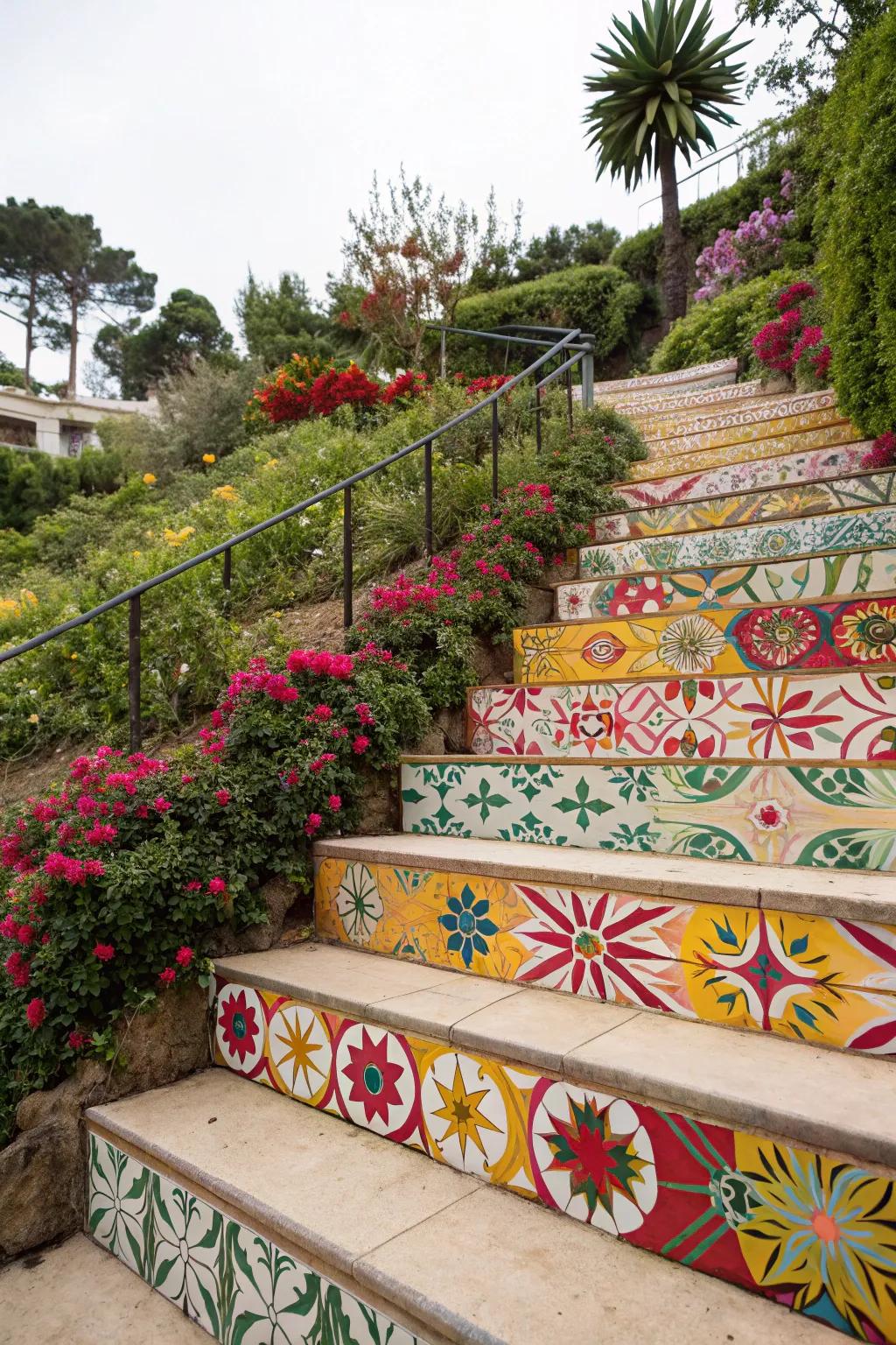 Decorative patterns add a unique touch to stairs.