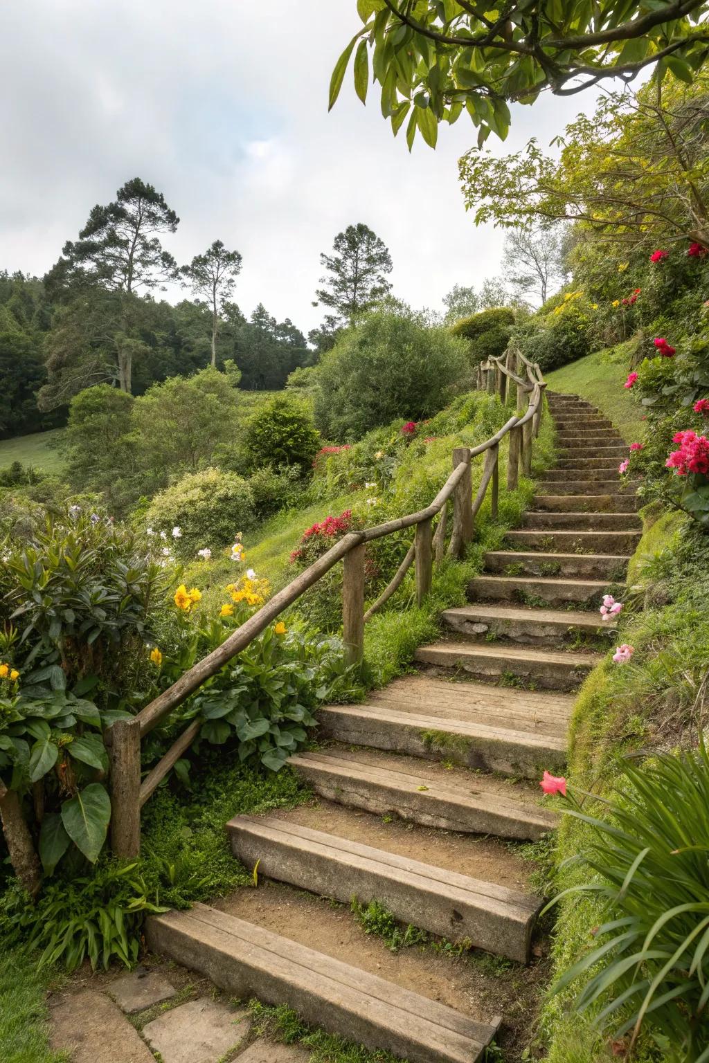 Wooden decking brings natural beauty to outdoor stairs.
