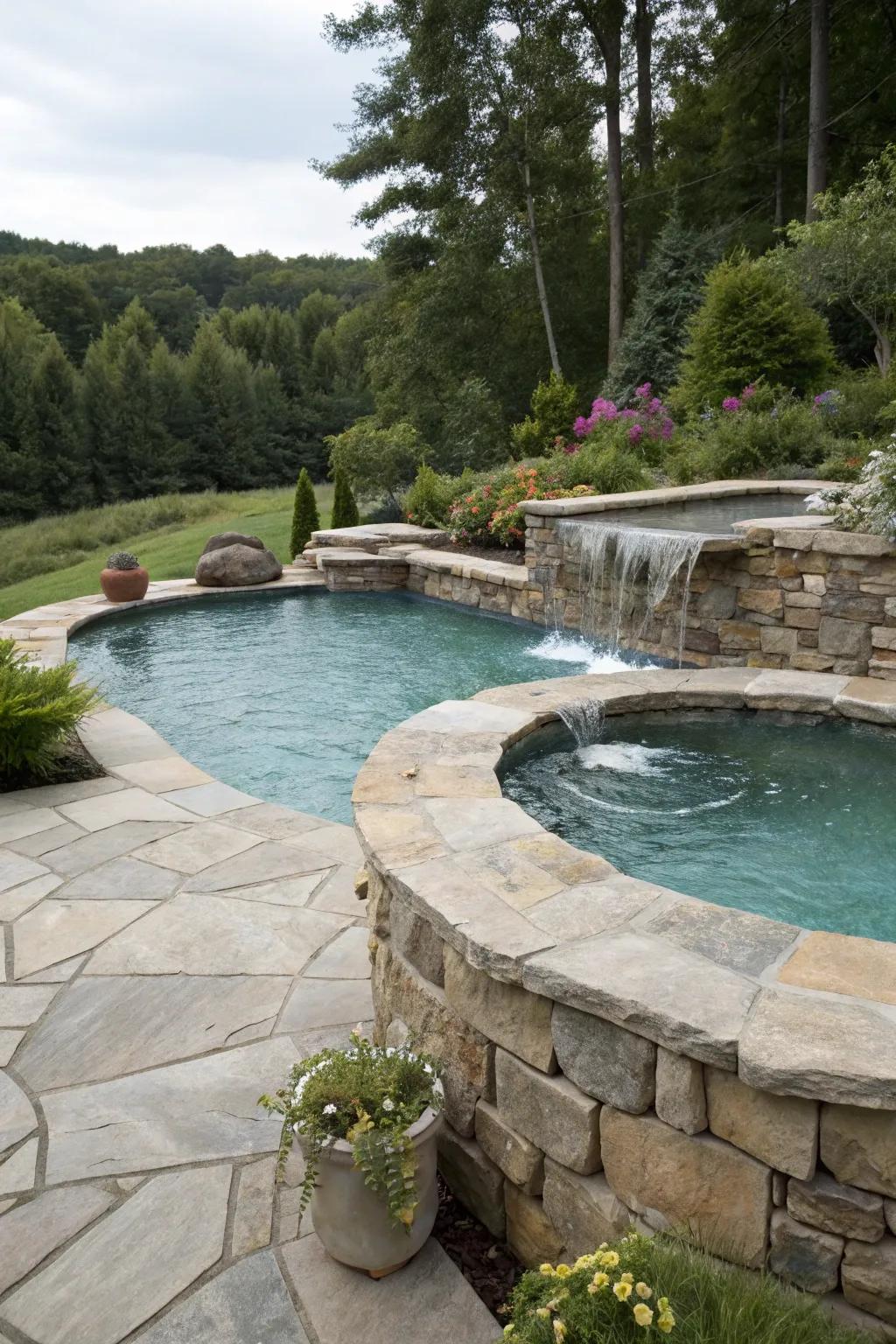 Rustic charm with a natural stone spillover spa.