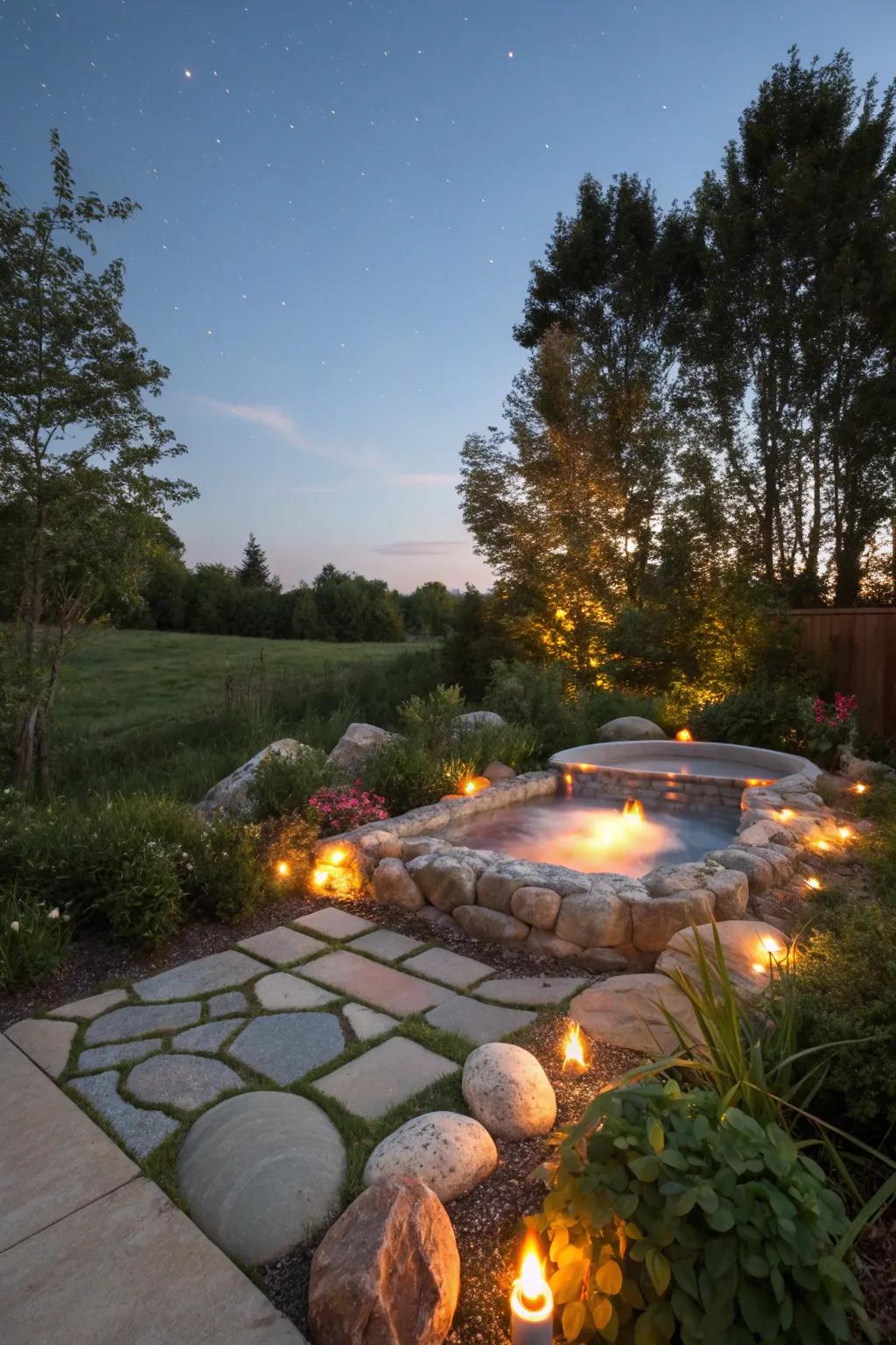 Fire and water: a harmonious blend near the spillover spa.