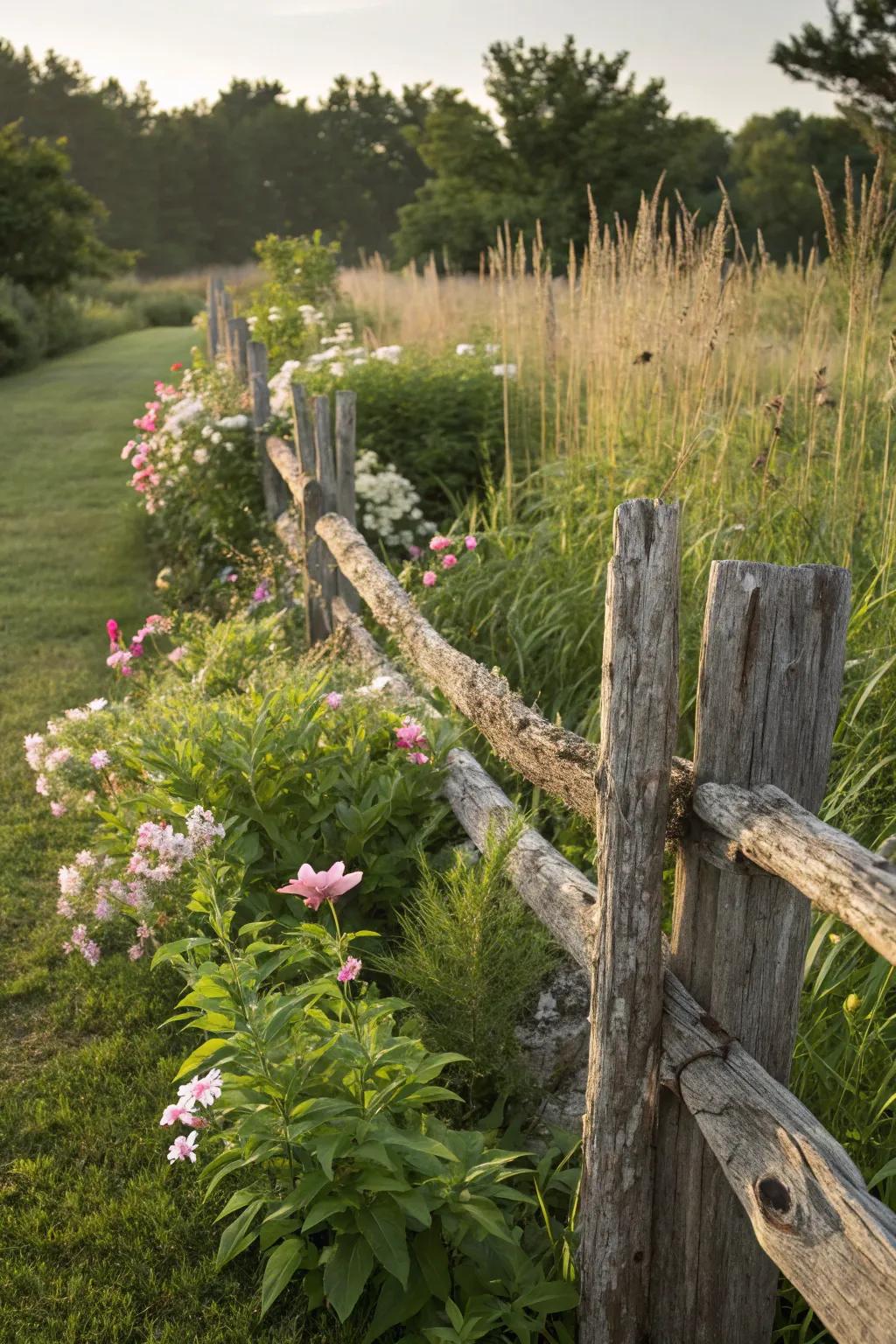 A coastal driftwood fence enhancing garden aesthetics.