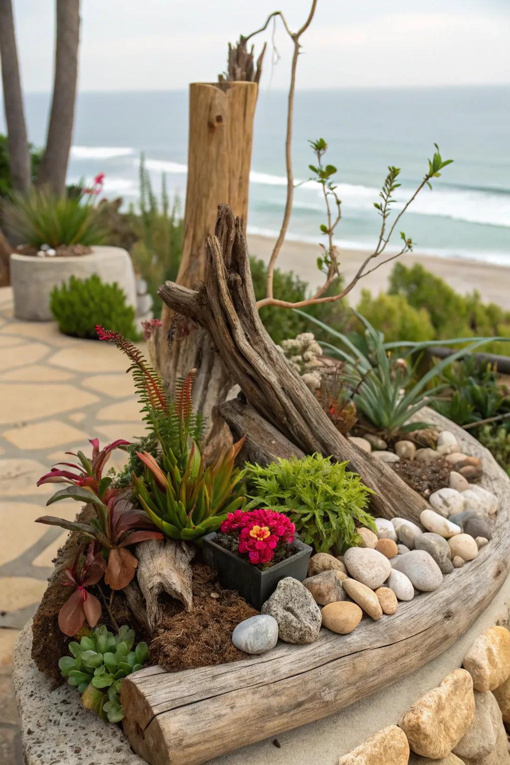 Artful garden arrangement with driftwood and natural elements.