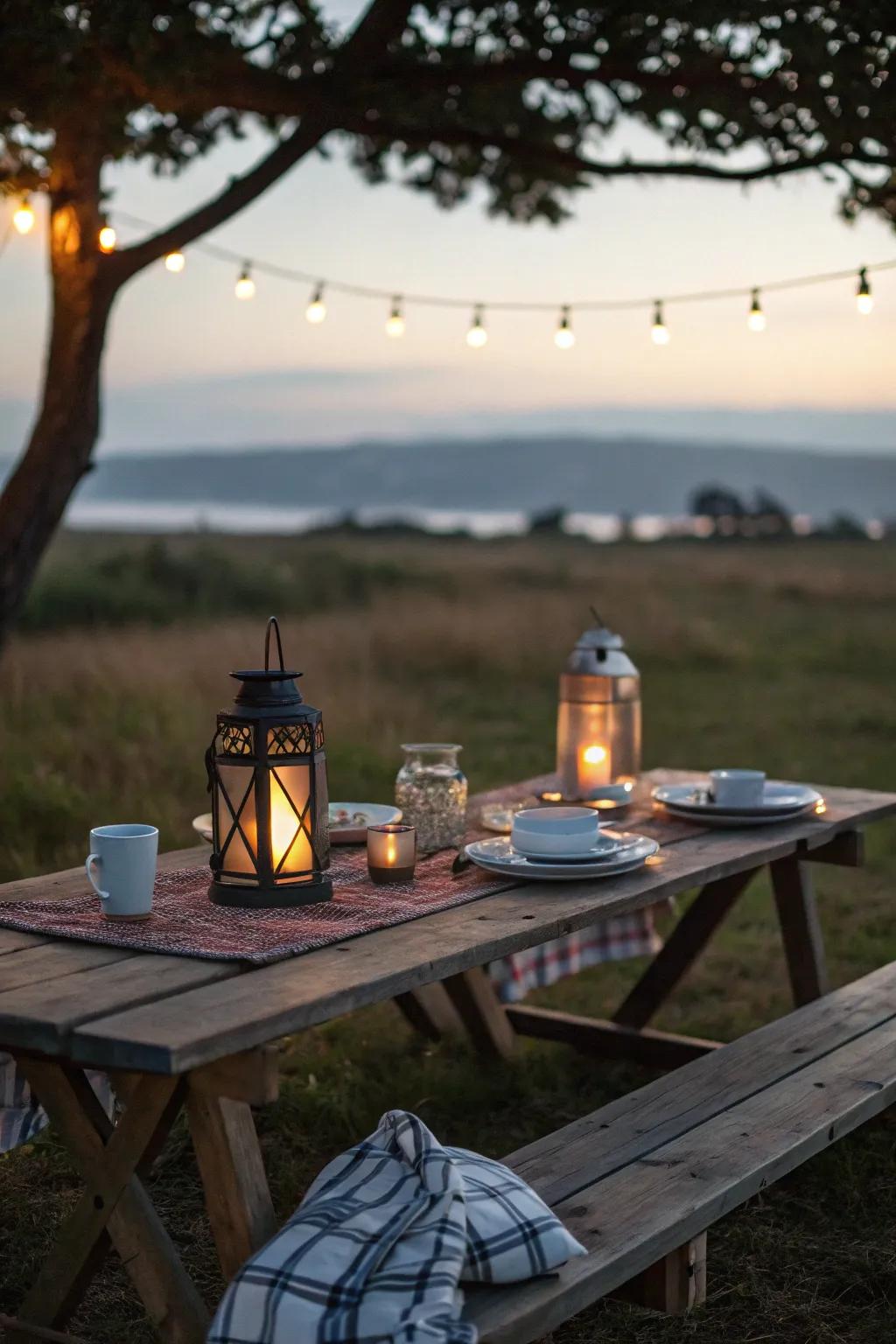 Create a cozy atmosphere with lantern lighting.