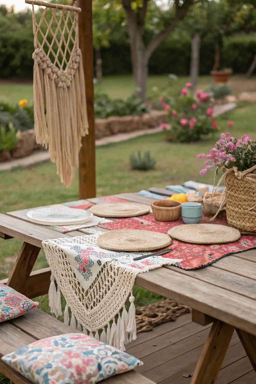 Embrace a bohemian style with woven and macrame accents.