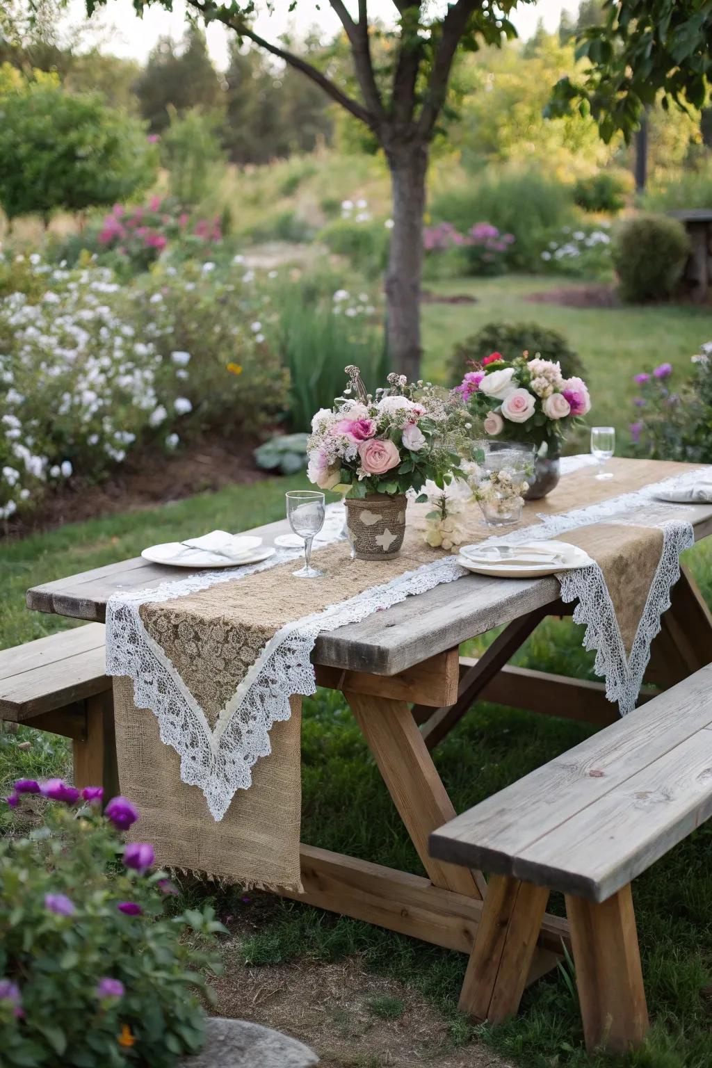 Add rustic charm with burlap and lace table runners.
