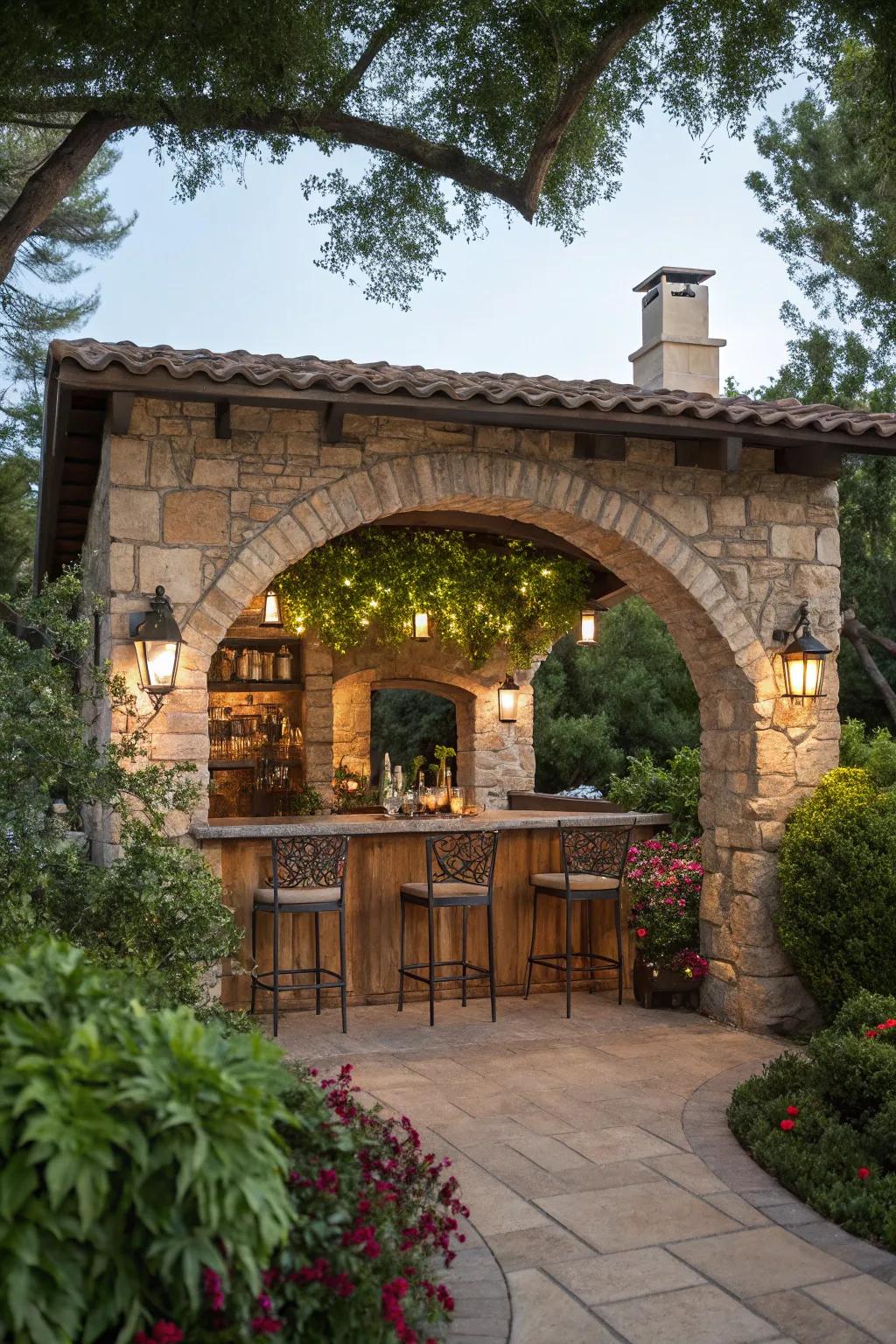 A rustic stone archway brings durability and charm to your outdoor bar.