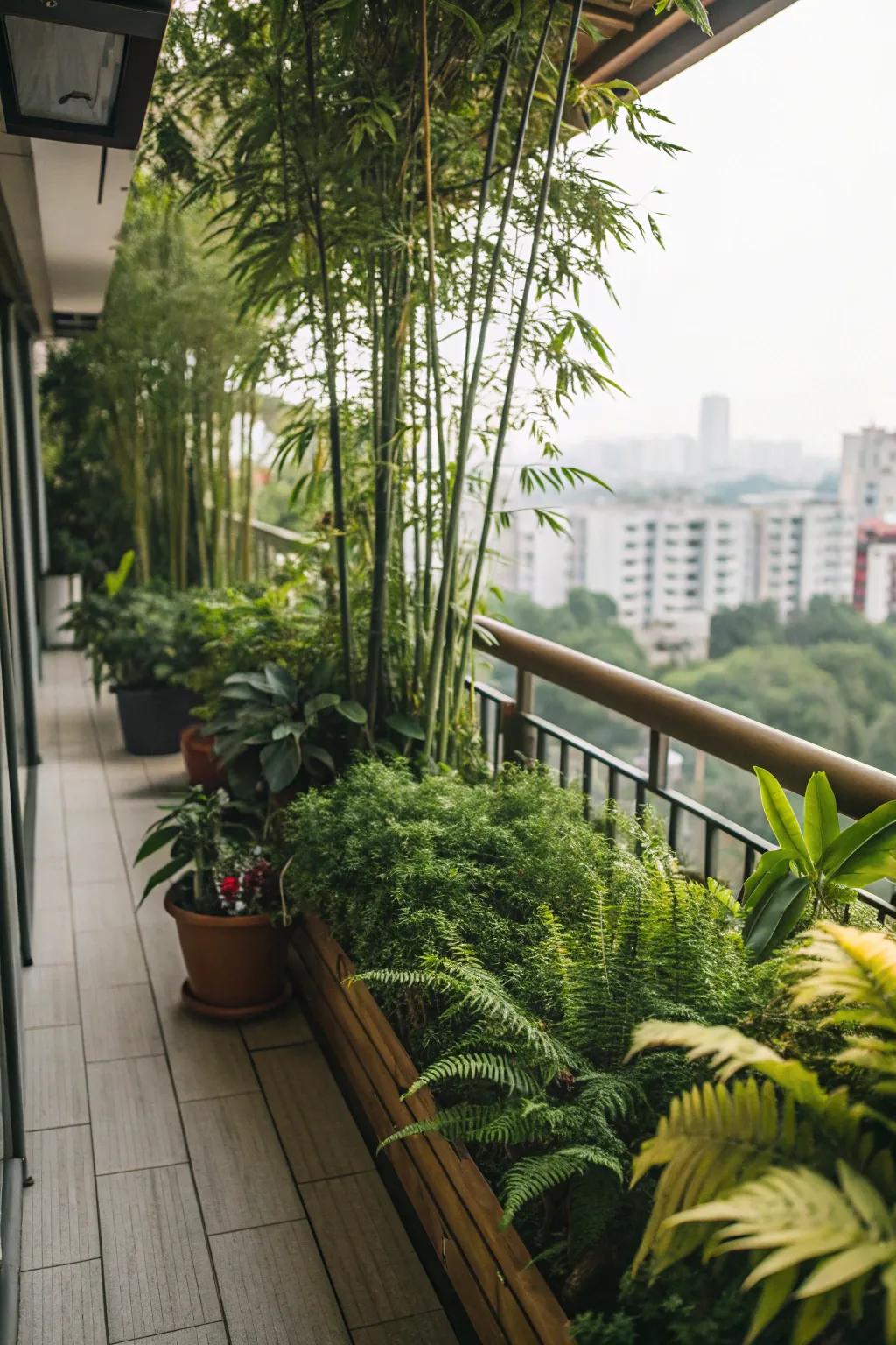 A balcony oasis with lush greenery including bamboo and ferns.
