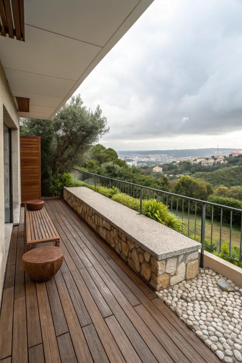 Wooden deck tiles and stone seating create an earthy feel.