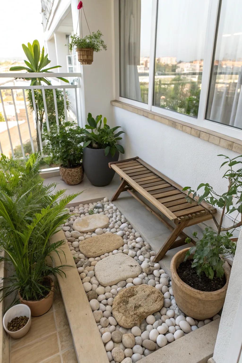 Natural pebbles and sand bring texture to the balcony.