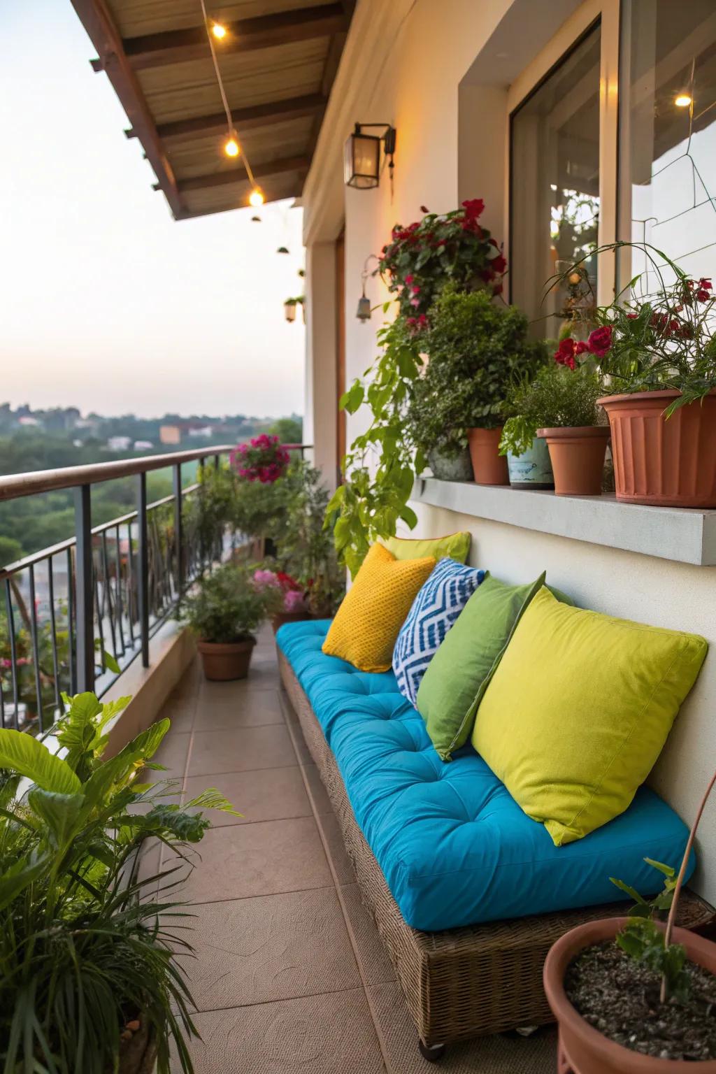Colorful cushions add a vibrant touch to the balcony.
