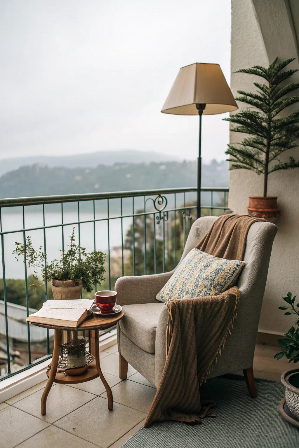 A cozy reading nook with a chair and side table.