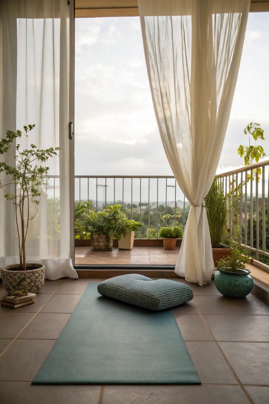 A serene meditation corner with a mat and cushion.