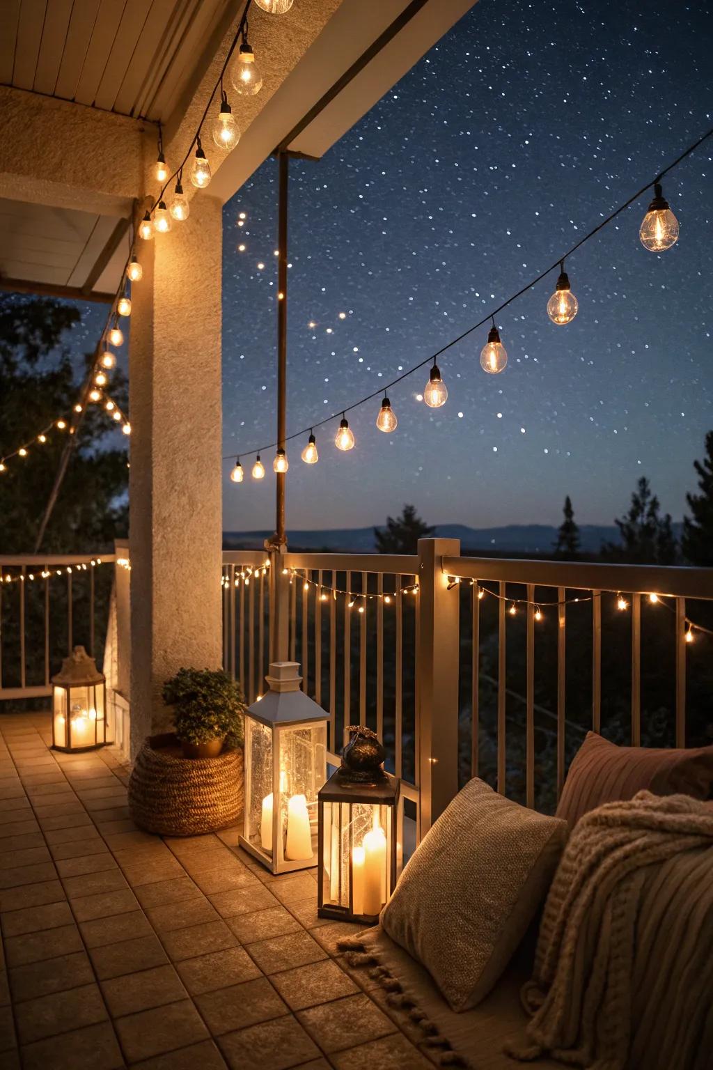 String lights and lanterns create a cozy evening ambiance.