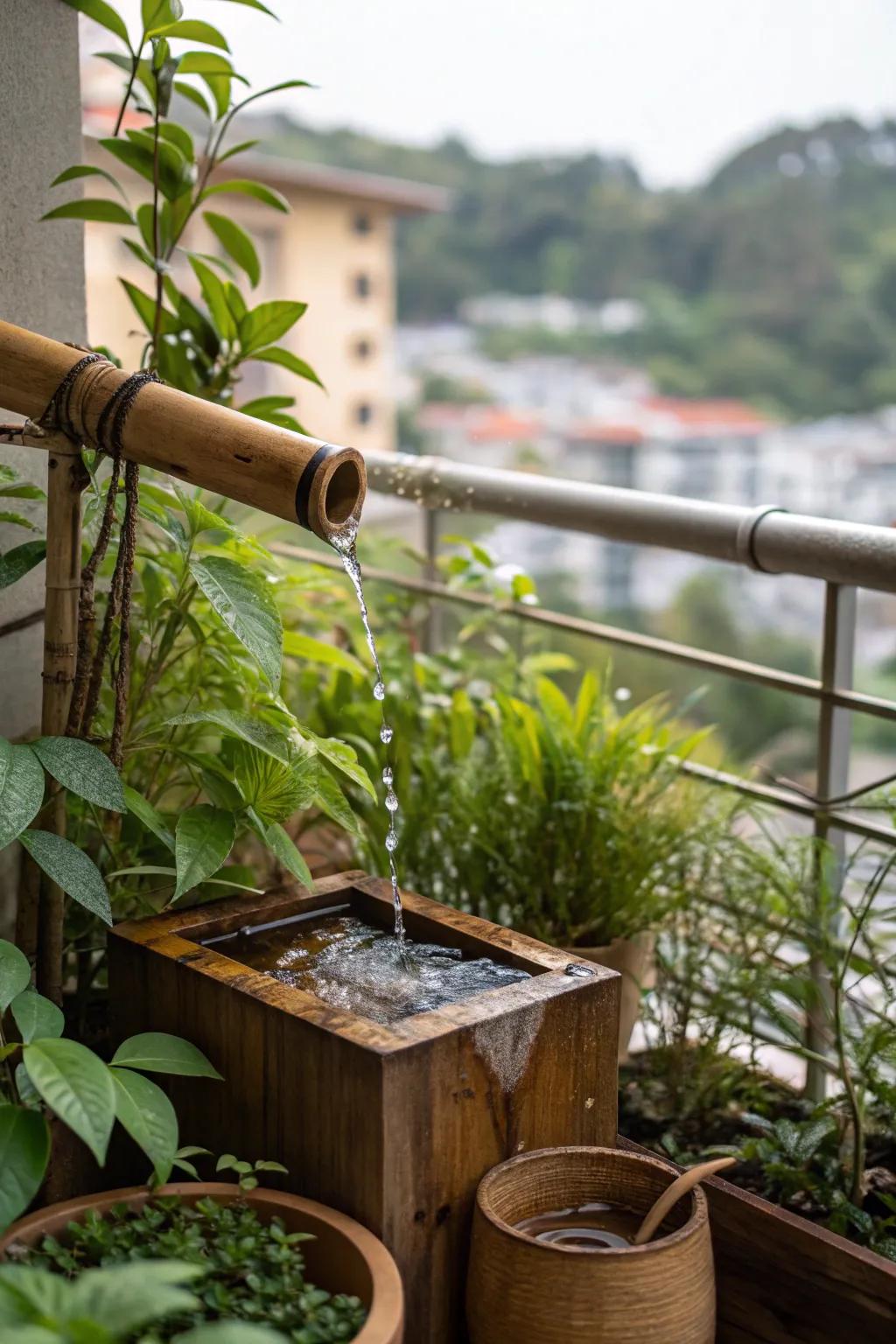 A bamboo water fountain brings tranquility to the balcony.