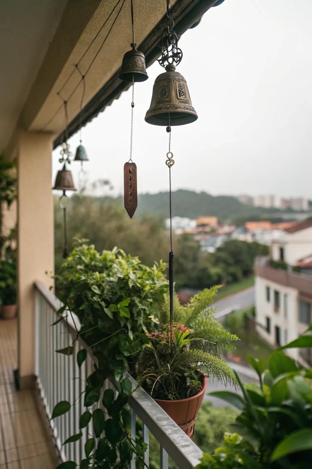 Wind chimes add a soothing sound to the balcony.