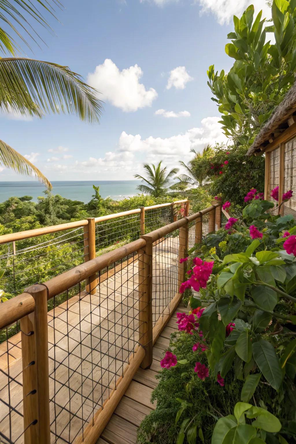 Bamboo elements bring tropical vibes to hog wire railings.