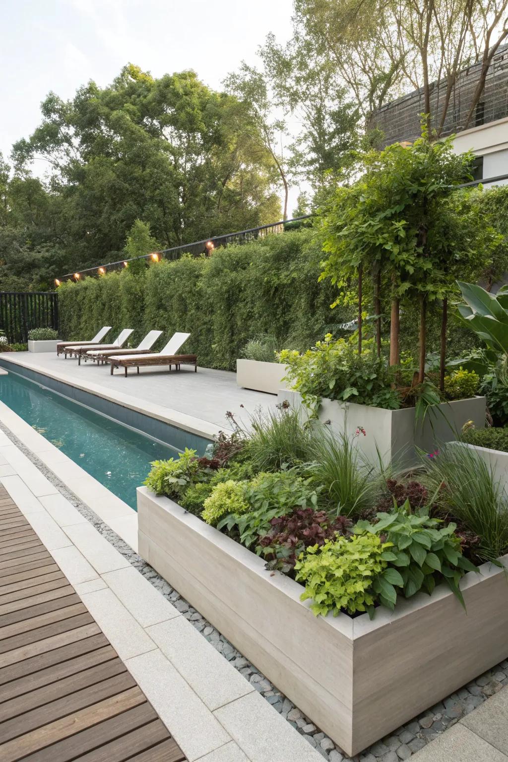 A pool deck harmoniously integrated with lush built-in planters.
