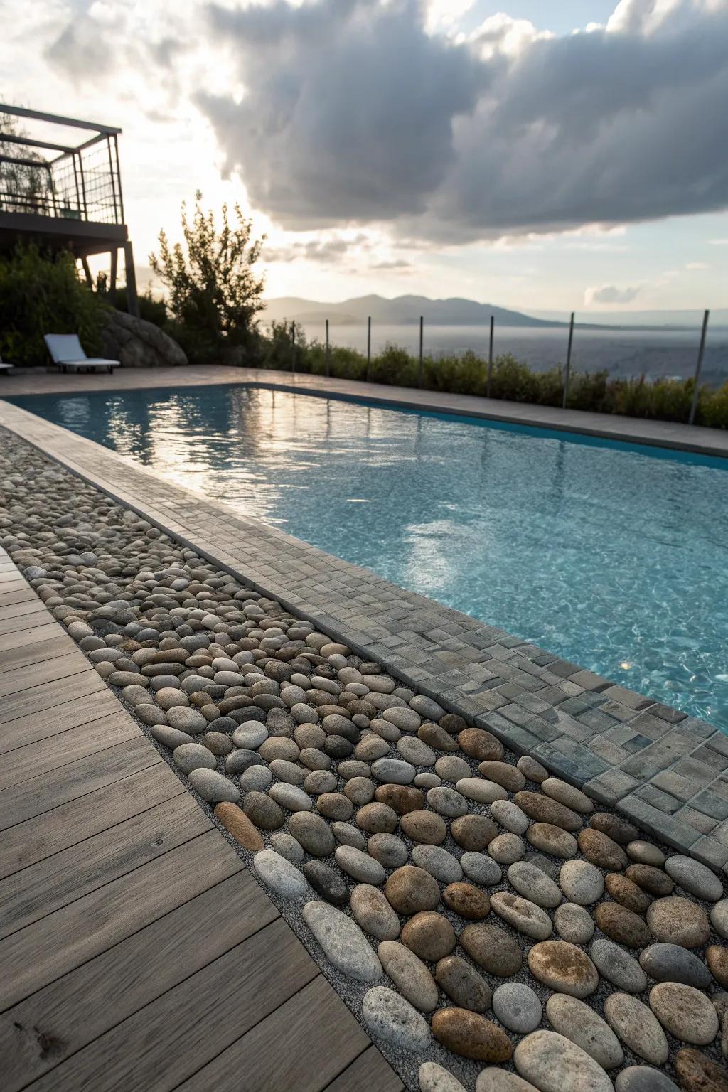 A unique pool deck featuring a textured pebble stone surface.