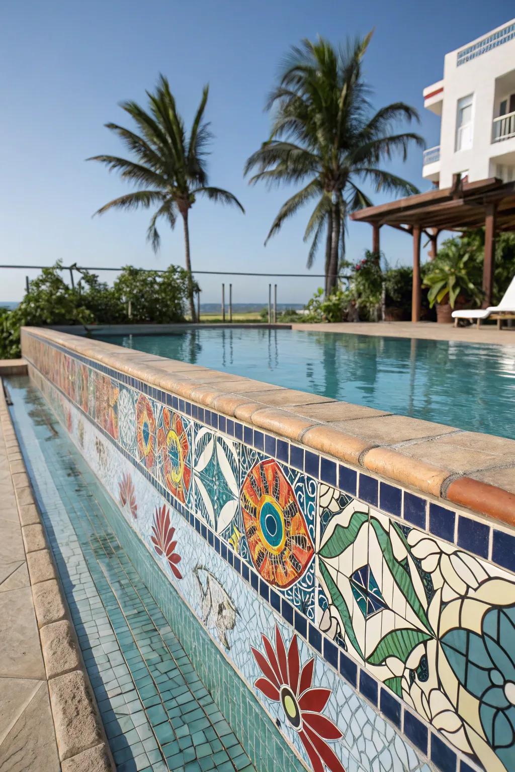 A pool deck brought to life by vibrant mosaic tile accents.