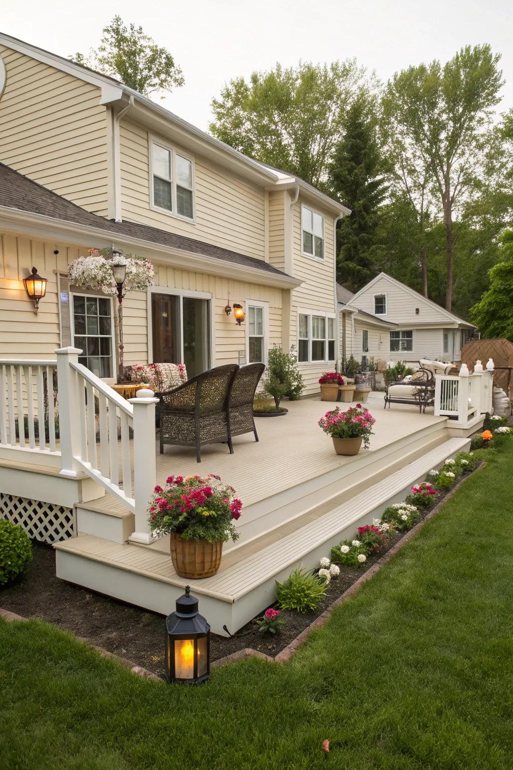 An ivory deck offering a seamless extension to a beige house.