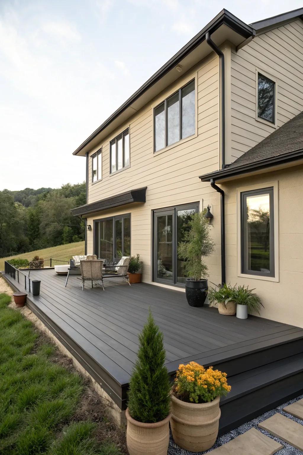 A charcoal deck creating a modern aesthetic for a beige home.