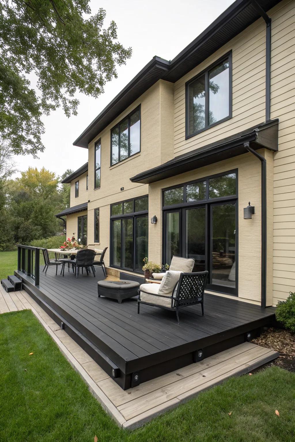 A black deck creating dramatic contrast with a beige house.